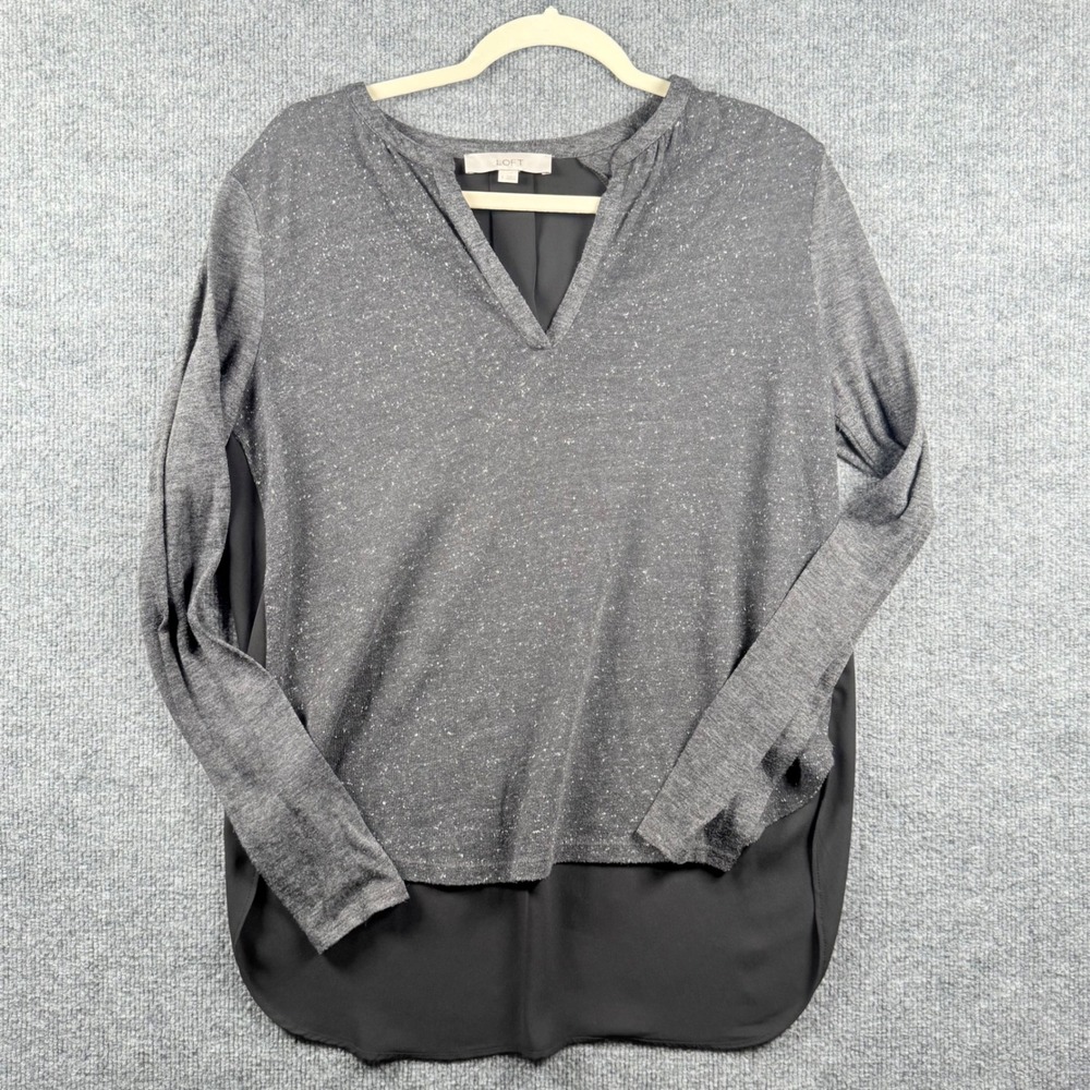 LOFT Womens Small Mixed Media V-Neck Top Marled Knit Lightweight Workwear Office